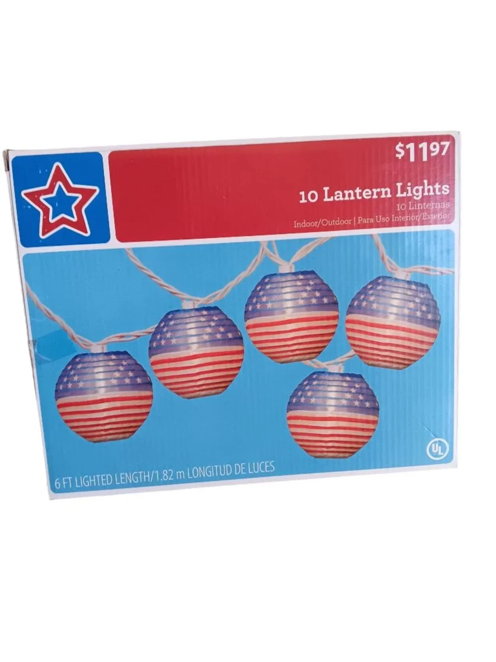 NEW NIB 10 Lantern Lights Patriotic American Flag Design 6 Ft Indoor/Outdoor